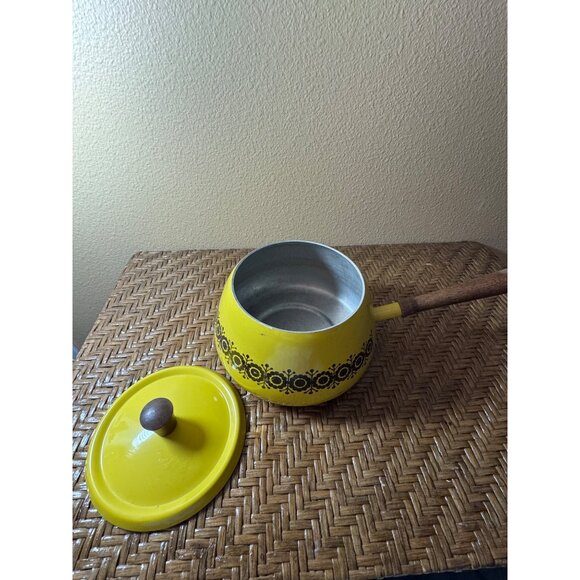 Vintage Fondue Pot Mustard Yellow Mod Brown Floral Pattern With Lid - Picture 3 of 6